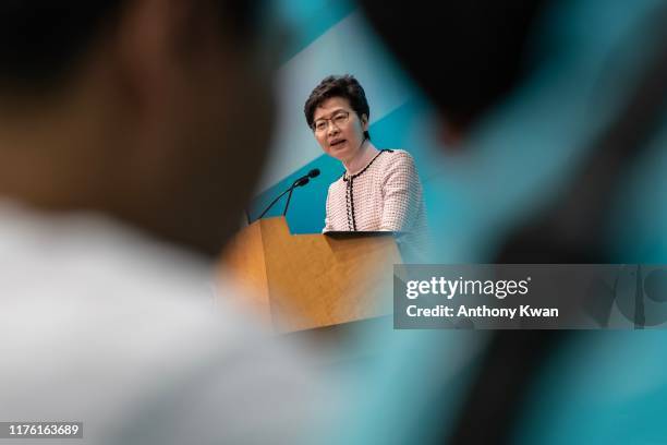 Hong Kong Chief Executive Carrie Lam speaks at a press conference at the Central Government Complex after the annual policy speech on October 16,...