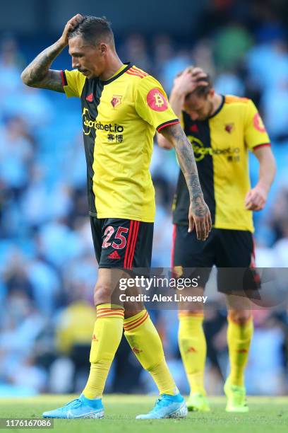 Jose Holebas of Watford reacts to losing 8-0 after the Premier League match between Manchester City and Watford FC at Etihad Stadium on September 21,...