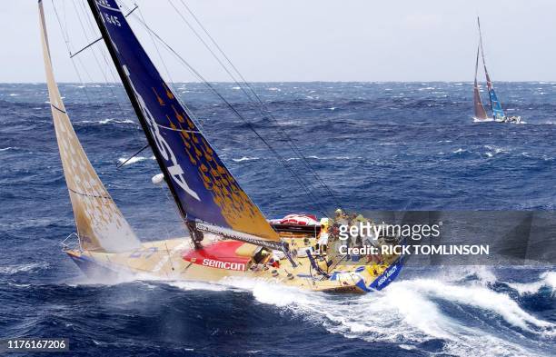 The Swedish V.O. 60 yacht "Assa Abloy" races "Team News Corp" through the Brass Strait, 27 December 2001 during the third leg of the Volvo Round the...