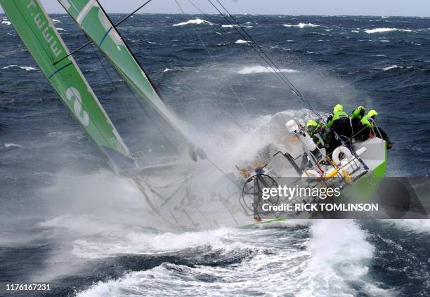 The Swedish V.O. 60 yacht "SEB" is battered by rough conditions while crossing the Brass Strait, 27 December 2001 during the third leg of the Volvo...