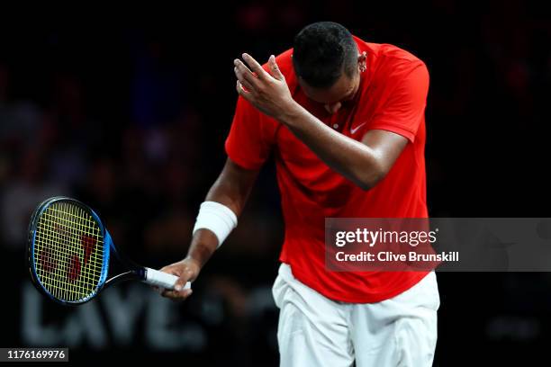 Nick Kyrgios of Team World reacts in his singles match against Roger Federer of Team Europe during Day Two of the Laver Cup 2019 at Palexpo on...