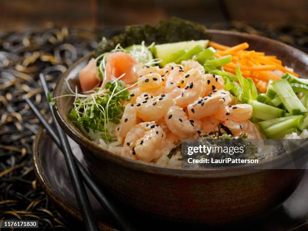 creamy shrimp buddha bowl - buddha bowl stock pictures, royalty-free photos & images