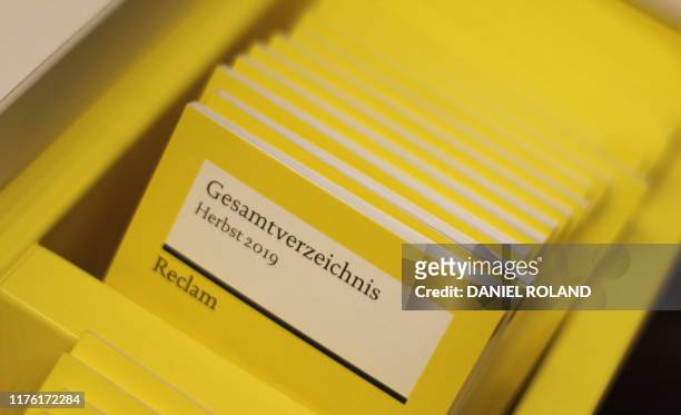 Books of German publisher Reclam are pictured on the opening day of the Frankfurt book fair 2019 in Frankfurt am Main, Germany, on October 16, 2019....