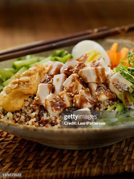 chicken buddha bowl with hoisin sauce - buddha bowl stock pictures, royalty-free photos & images