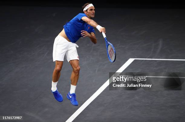 Roger Federer of Team Europe serves in his singles match against Nick Kyrgios of Team World during Day Two of the Laver Cup 2019 at Palexpo on...
