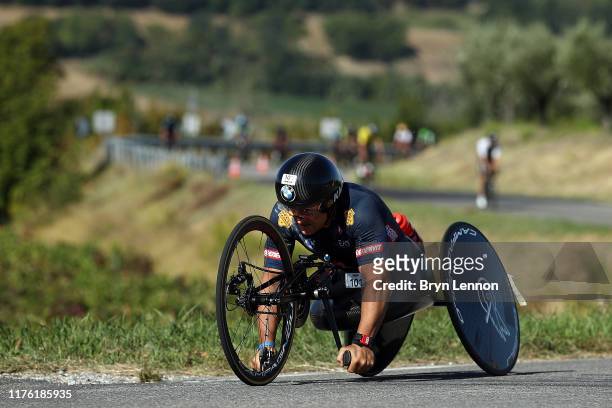 Alex Zanardi of Italy takes part in the bike leg of IRONMAN Italy on September 21, 2019 in Cervia, Italy.