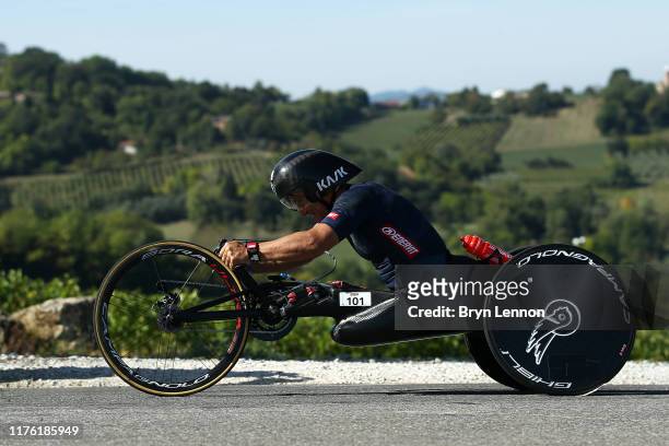 Alex Zanardi of Italy takes part in the bike leg of IRONMAN Italy on September 21, 2019 in Cervia, Italy.