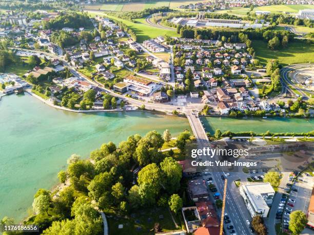 aerial view of the river entering lake attersee - attersee stock-fotos und bilder
