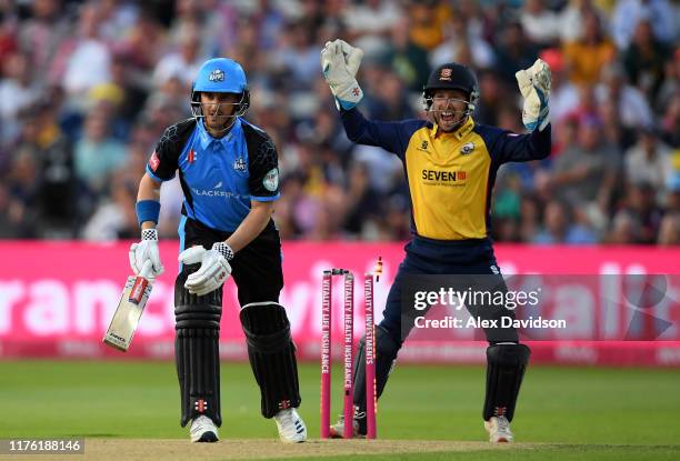 Adam Wheater of Essex celebrates the wicket of Hamish Rutherford of Worcestershire during the Vitality T20 Blast Final match between Worcestershire...