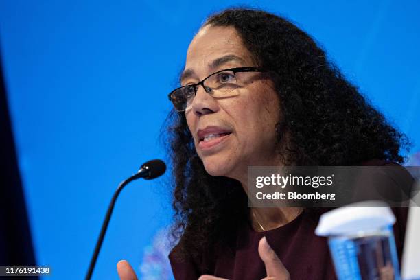 Cathy Pattillo, assistant director of fiscal affairs at the International Monetary Fund , speaks at a Fiscal Monitor news conference during the...