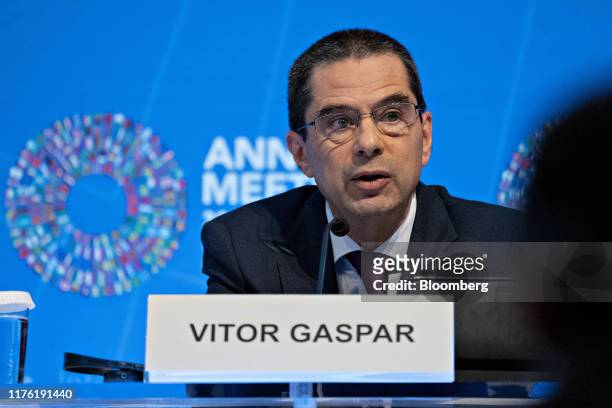Vitor Gaspar, director of fiscal affairs at the International Monetary Fund , speaks at a Fiscal Monitor news conference during the annual meetings...