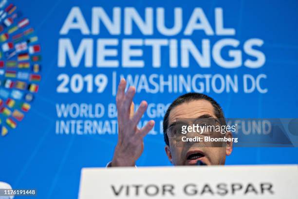 Vitor Gaspar, director of fiscal affairs at the International Monetary Fund , speaks at a Fiscal Monitor news conference during the annual meetings...