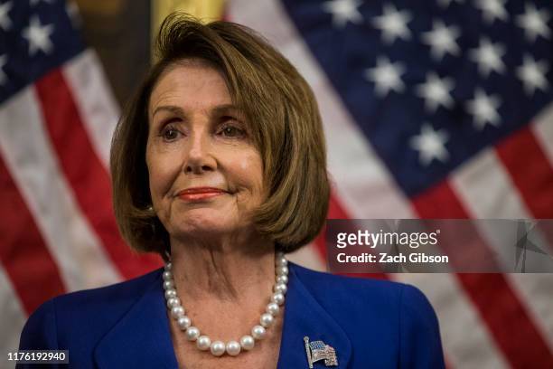 House Speaker Nancy Pelosi looks on during a news conference discussing H.R. 3, the Lower Drug Costs Now Act, on Capitol Hill on October 16, 2019 in...