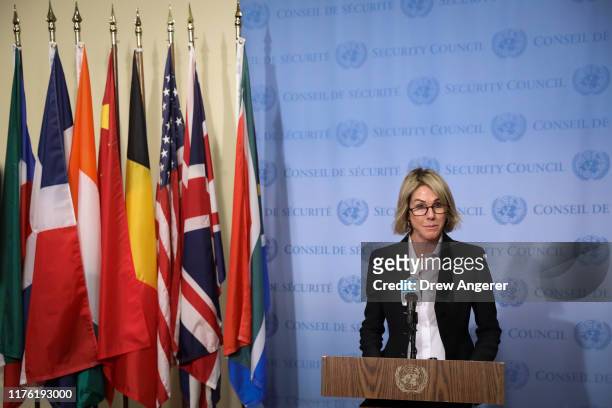 Ambassador to the United Nations Kelly Knight Craft delivers a brief statement to the press after a closed Security Council meeting about the...