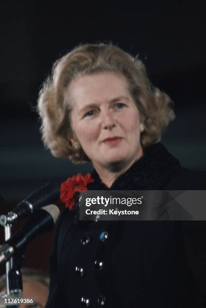 Margaret Thatcher during a press conference following her election as leader of the Conservative Party, at Conservative Central Office in Smith...