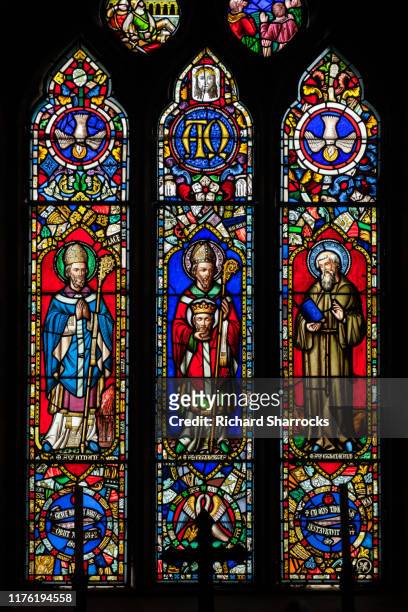 stained glass windows, st cuthbert's chapel, inner farnes - stained glass church stock pictures, royalty-free photos & images
