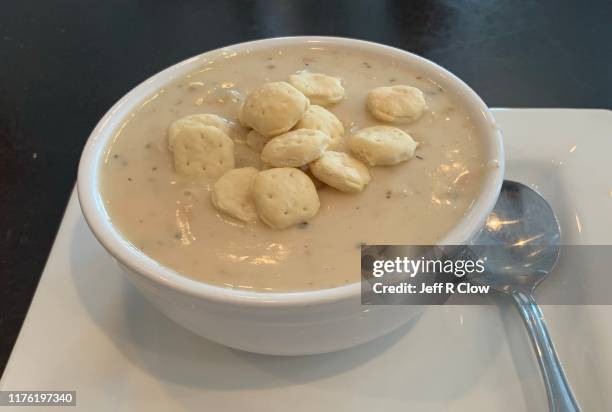 fresh clam chowder in oregon - clam chowder stock pictures, royalty-free photos & images