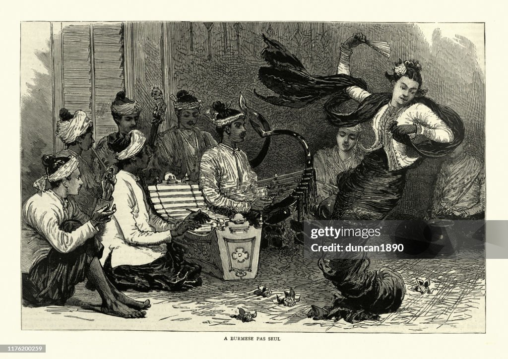 Traditional Burmese dancer, dancing pas seul, Burma 19th Century