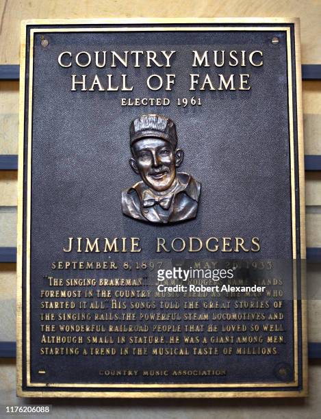 Bronze plaque at the Country Music Hall of Fame and Museum in Nashville, Tennessee, honors Hall of Fame member Jimmie Rodgers. Country Music Hall of...