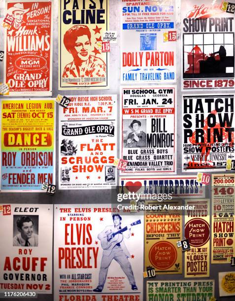 Selection of hand-printed posters for sale at Hatch Show Print in Nashville, Tennessee. The historic shop has been a working letterpress print shop...