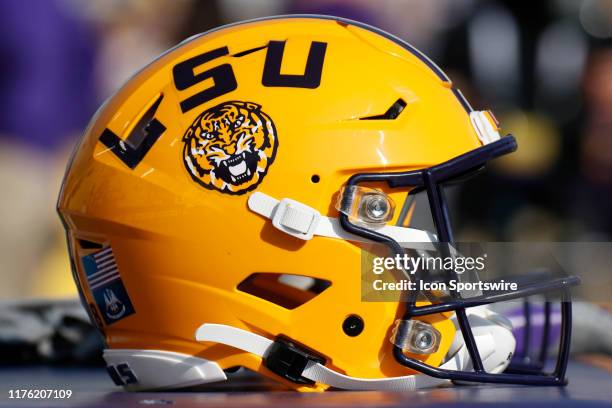 An LSU Tigers helmet during the game between the LSU Tigers and Utah State Aggies at LSU Tiger Stadium on October 5, 2019 in Baton Rouge, LA.