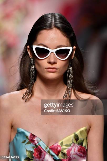 Model walks the runway at the Blumarine Ready to Wear fashion show during the Milan Fashion Week Spring/Summer 2020 on September 20, 2019 in Milan,...