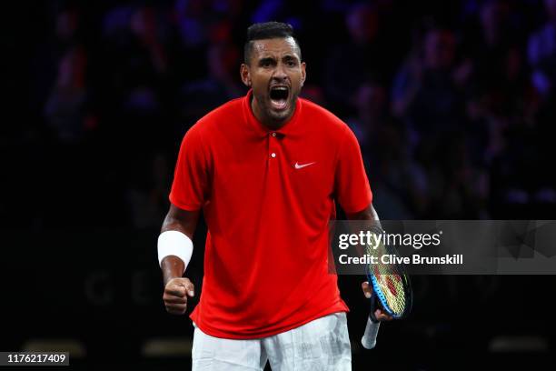 Nick Kyrgios of Team World, playing partner of Jack Sock celebrates in their doubles match against Rafael Nadal and Stefanos Tsitsipas of Team Europe...