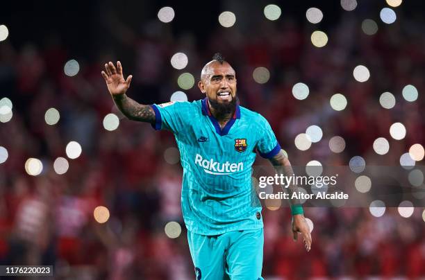 Arturo Vidal of FC Barcelona reacts during the Liga match between Granada CF and FC Barcelona at Estadio Nuevo Los Carmenes on September 21, 2019 in...