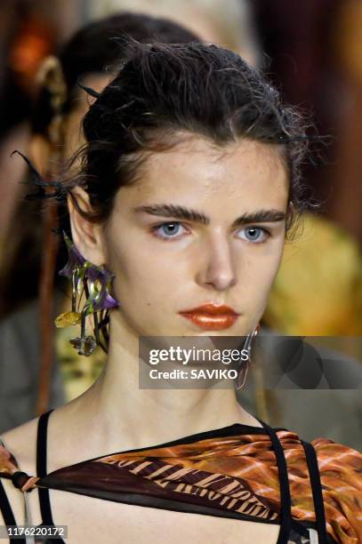 Model walks the runway at the Anteprima Ready to Wear fashion show during the Milan Fashion Week Spring/Summer 2020 on September 19, 2019 in Milan,...