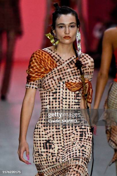 Model walks the runway at the Anteprima Ready to Wear fashion show during the Milan Fashion Week Spring/Summer 2020 on September 19, 2019 in Milan,...