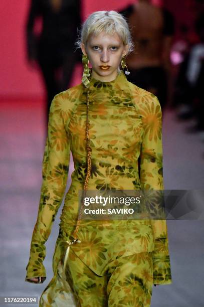 Model walks the runway at the Anteprima Ready to Wear fashion show during the Milan Fashion Week Spring/Summer 2020 on September 19, 2019 in Milan,...