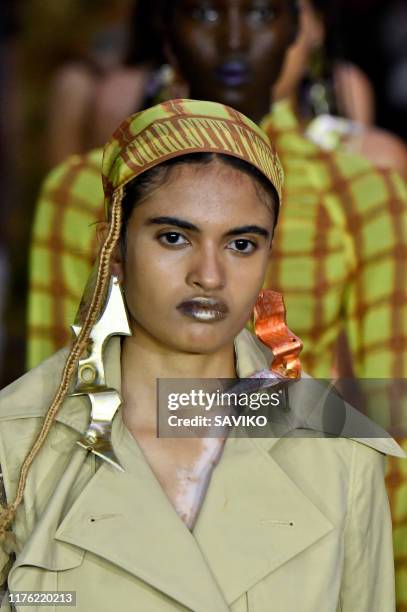 Model walks the runway at the Anteprima Ready to Wear fashion show during the Milan Fashion Week Spring/Summer 2020 on September 19, 2019 in Milan,...