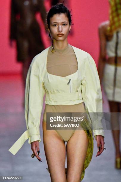 Model walks the runway at the Anteprima Ready to Wear fashion show during the Milan Fashion Week Spring/Summer 2020 on September 19, 2019 in Milan,...