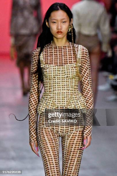 Model walks the runway at the Anteprima Ready to Wear fashion show during the Milan Fashion Week Spring/Summer 2020 on September 19, 2019 in Milan,...