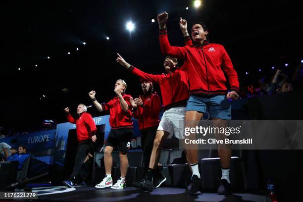 Team World celebrate in the doubles match between Rafael Nadal, playing partner of Stefanos Tsitsipas of Team Europe and Jack Sock, playing partner...