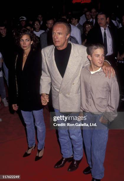 Actor James Caan, Scott Caan and Ingrid Hajek attend the premiere of "Batman Returns" on June 16, 1992 at Mann Chinese Theater in Hollywood,...