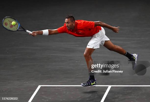 Nick Kyrgios of Team World in action in his singles match against Roger Federer of Team Europe during Day Two of the Laver Cup 2019 at Palexpo on...