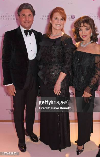 Giorgio Veroni, Sarah Ferguson, Duchess of York and Dame Joan Collins attend the Lady Garden Foundation Gala 2019 at Claridge's Hotel on October 16,...