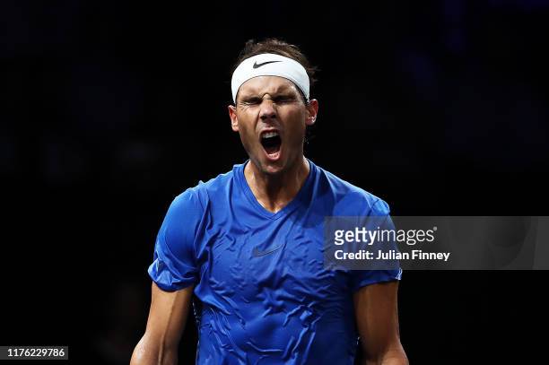 Rafael Nadal of Team Europe reacts in his match against Milos Raonic of Team World during Day Two of the Laver Cup 2019 at Palexpo on September 21,...