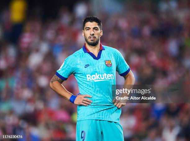 Luis Suarez of FC Barcelona reacts during the Liga match between Granada CF and FC Barcelona at Estadio Nuevo Los Carmenes on September 21, 2019 in...