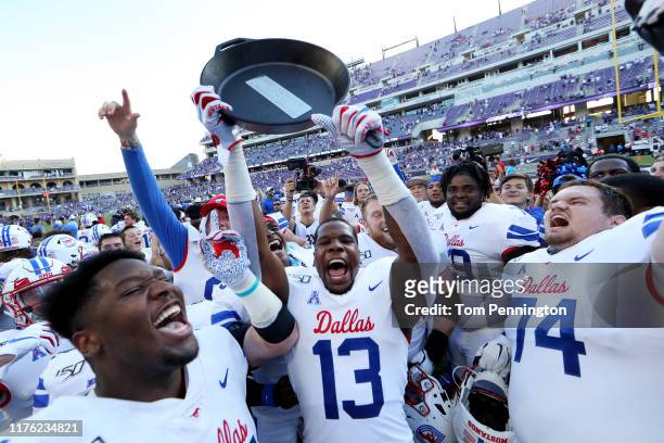 The Southern Methodist Mustangs celebrate beating the TCU Horned Frogs 41-38 at Amon G. Carter Stadium on September 21, 2019 in Fort Worth, Texas.