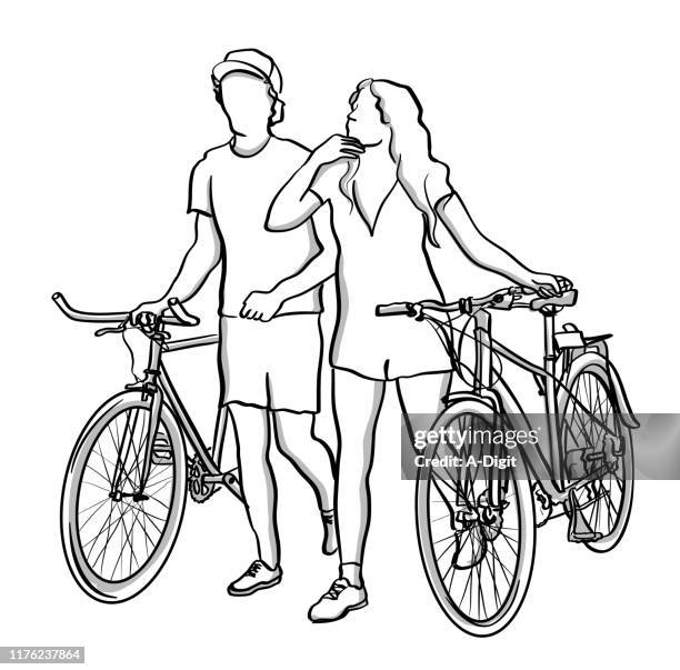 couple walking their bicycles - pencil drawing of woman stock illustrations