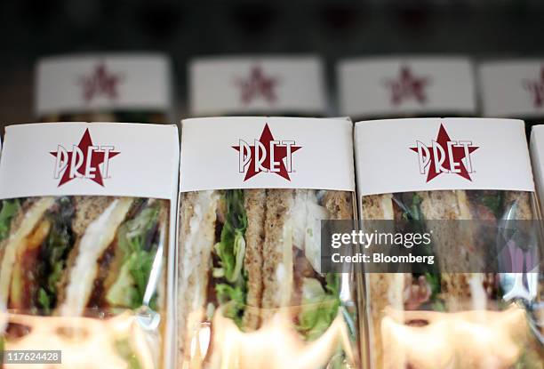Pret A Manger sandwiches sit on display at the company's restaurant in London, U.K., on Wednesday, June 29, 2011. Pret A Manger, a closely held U.K....
