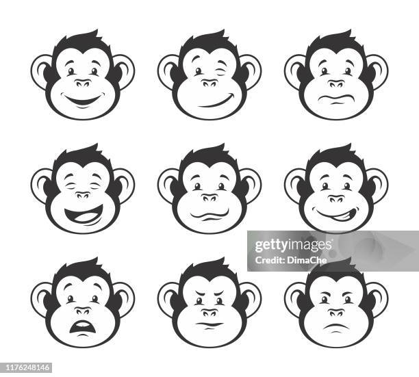monkey heads with various facial expressions - vector icon set - african chimpanzees stock illustrations