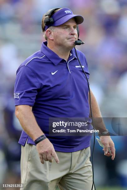 Head coach Gary Patterson of the TCU Horned Frogs looks on as the Horned Frogs take on the Southern Methodist Mustangs in the second quarter at Amon...