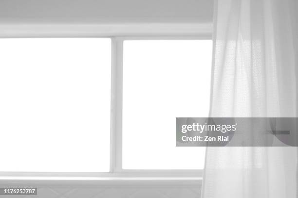 sunlight through bathroom window and a shower curtain in high key - marco de ventana fotografías e imágenes de stock
