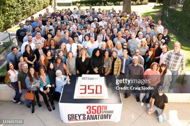 The stars and executive producers of ABC's "Grey's Anatomy" along with President of ABC Entertainment, Karey Burke, celebrate the taping of the 350th...