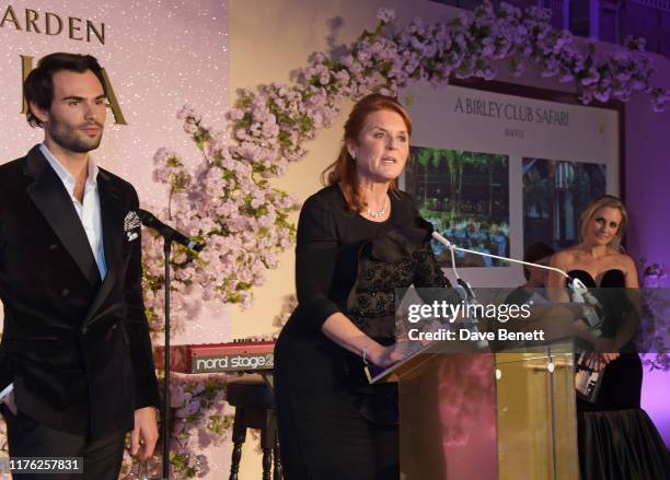 Mark-Francis Vandelli, Sarah Ferguson, Duchess of York and Georgie Ainslie attend the Lady Garden Foundation Gala 2019 at Claridge's Hotel on October...