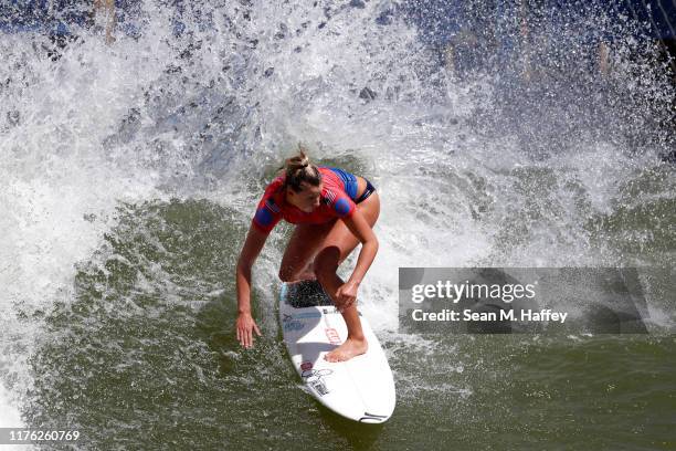 Lakey Peterson of the United States competes during the 2019 Freshwater Pro-WSL on September 21, 2019 in Lemoore, California. Peterson finished in...