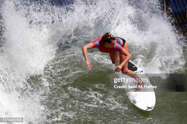 Lakey Peterson of the United States competes during the 2019 Freshwater Pro-WSL on September 21, 2019 in Lemoore, California. Peterson finished in...